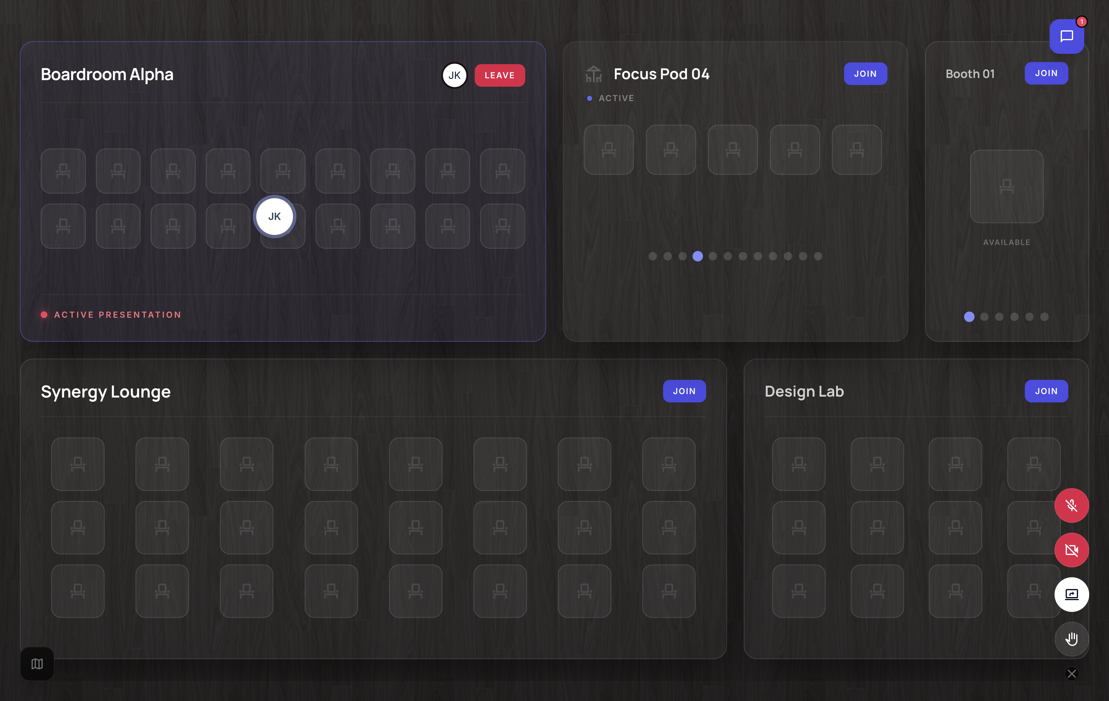 The iOffice virtual office floor with rooms, seats and presence